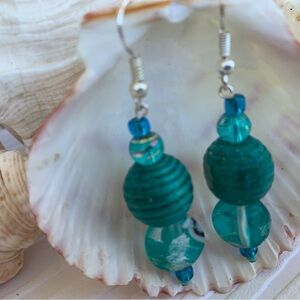 Teal Earrings Handcrafted Glass Wood Acrylic  Beading Boho Sterling Silver Hooks